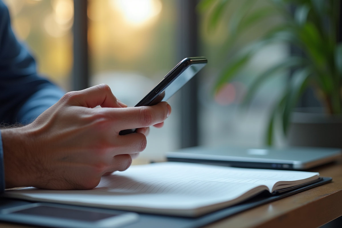 Main composant un numero de police sur un smartphone lumineux