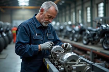 Ouvrier industriel assemble un moteur de moto dans un atelier