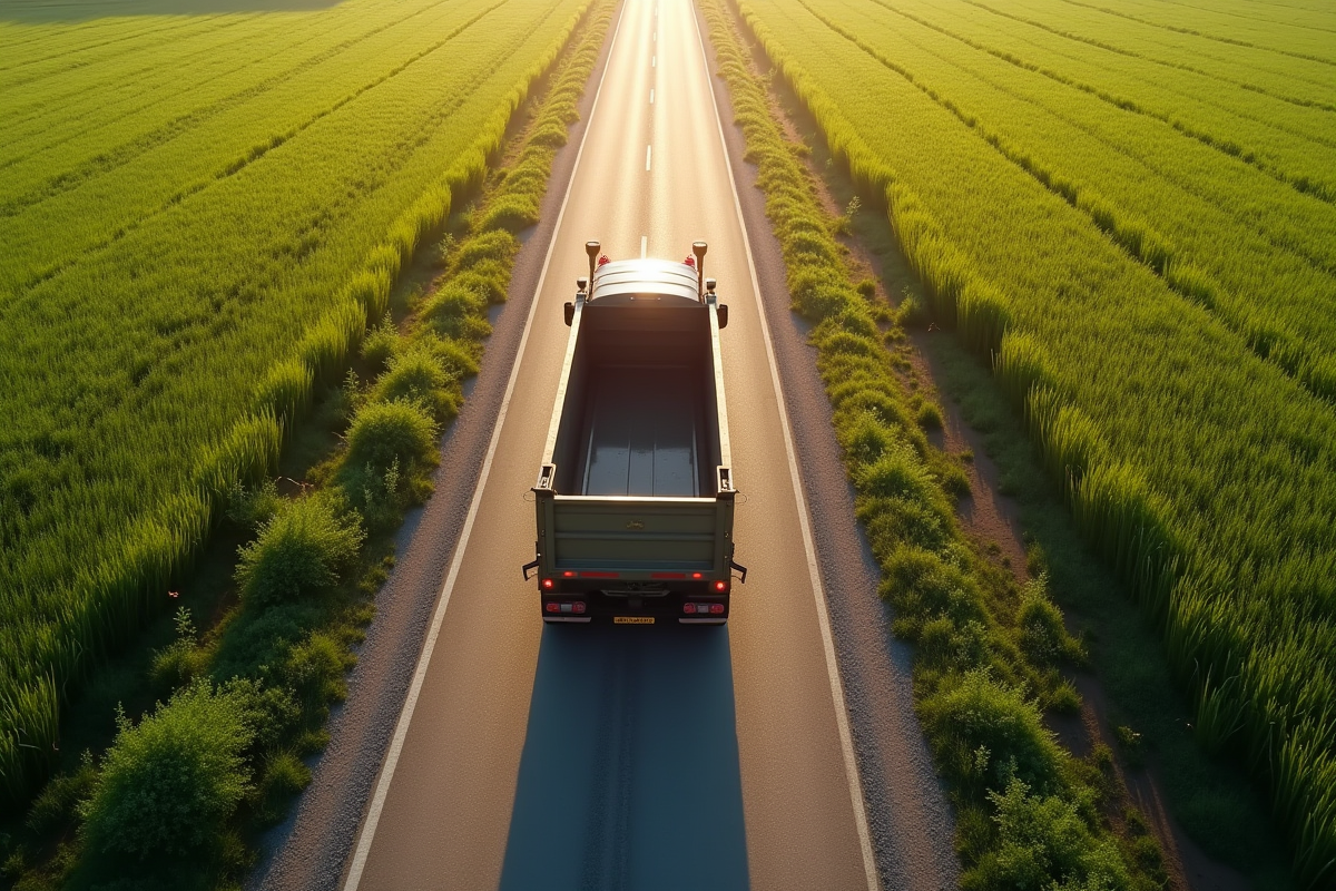 Un camion-benne roulant sur une route rurale ensoleillée avec champs verts