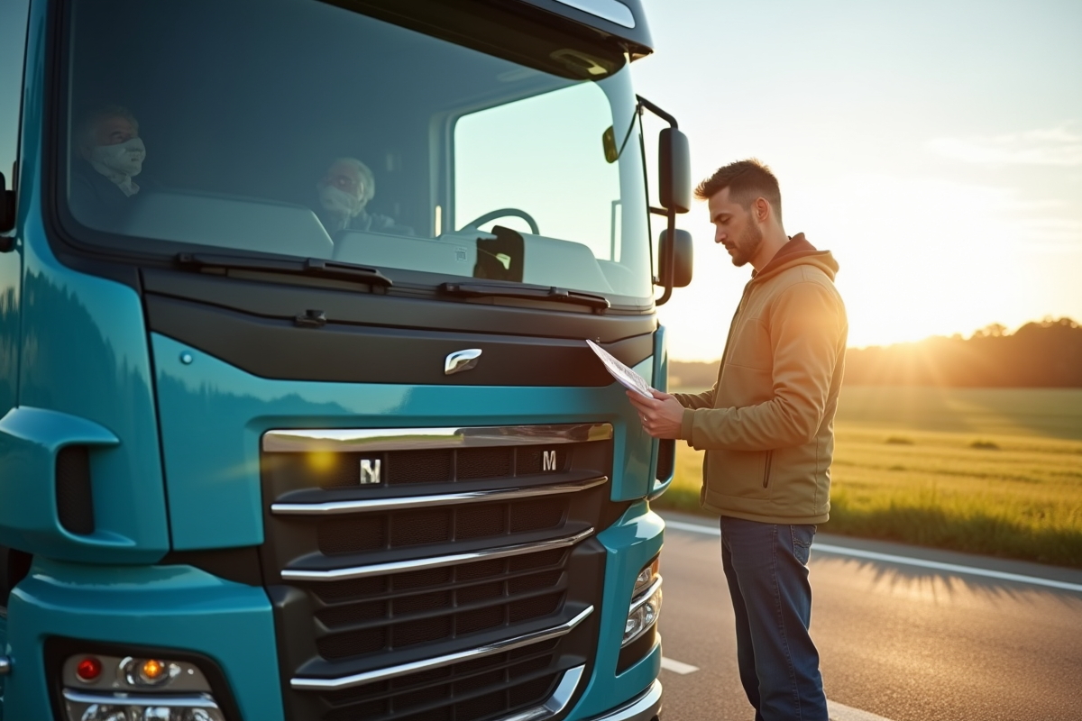 Conducteur de camion vérifiant ses documents sur le capot
