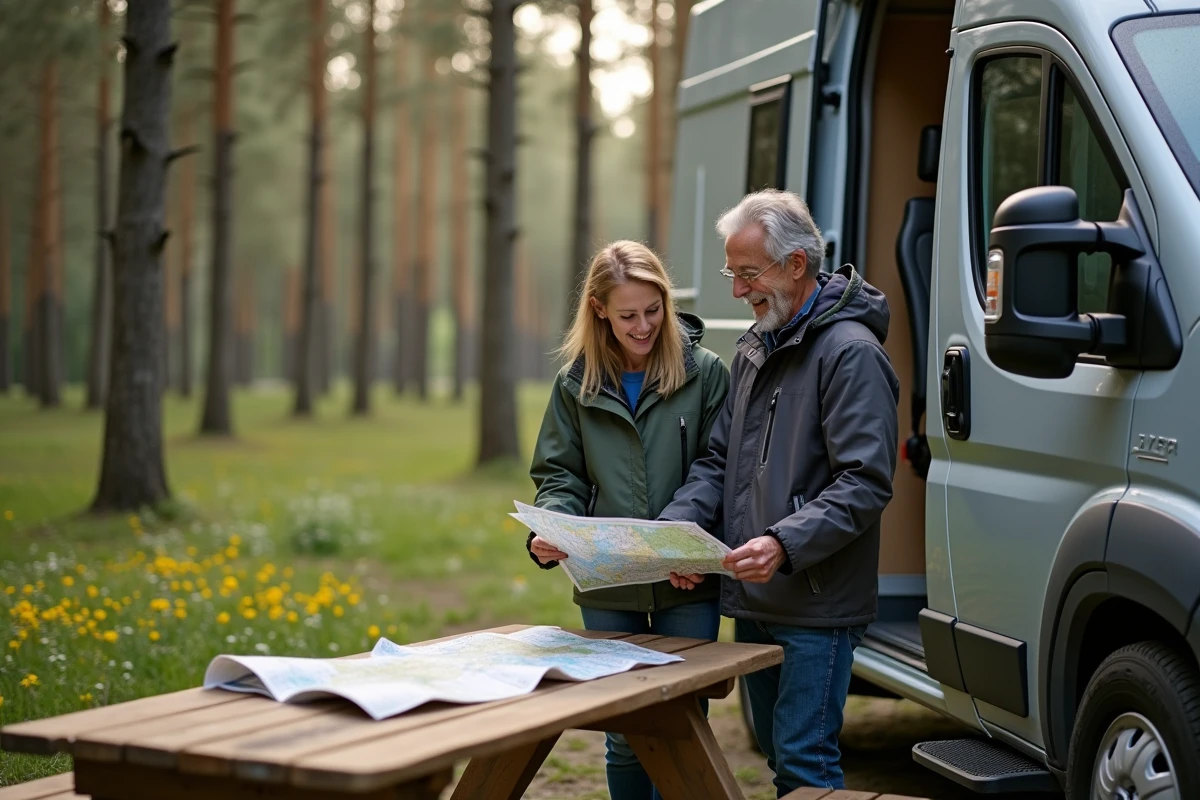 Couple souriant avec van moderne en forêt verte