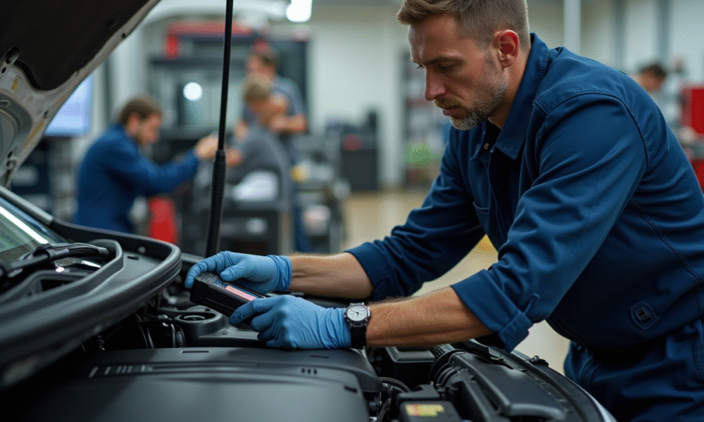 Mecanicien diagnostique moteur Peugeot avec scanner OBD