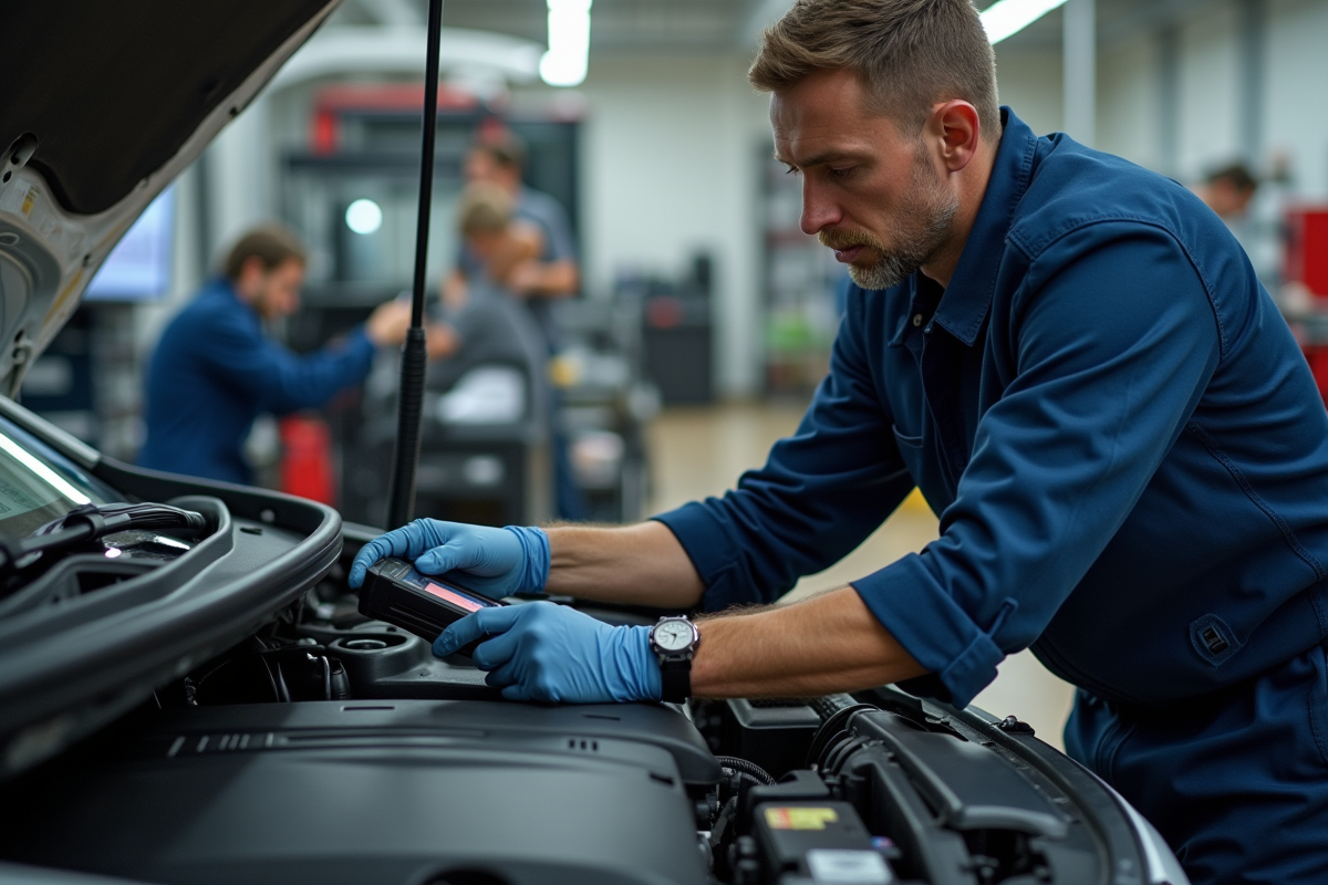 Mecanicien diagnostique moteur Peugeot avec scanner OBD