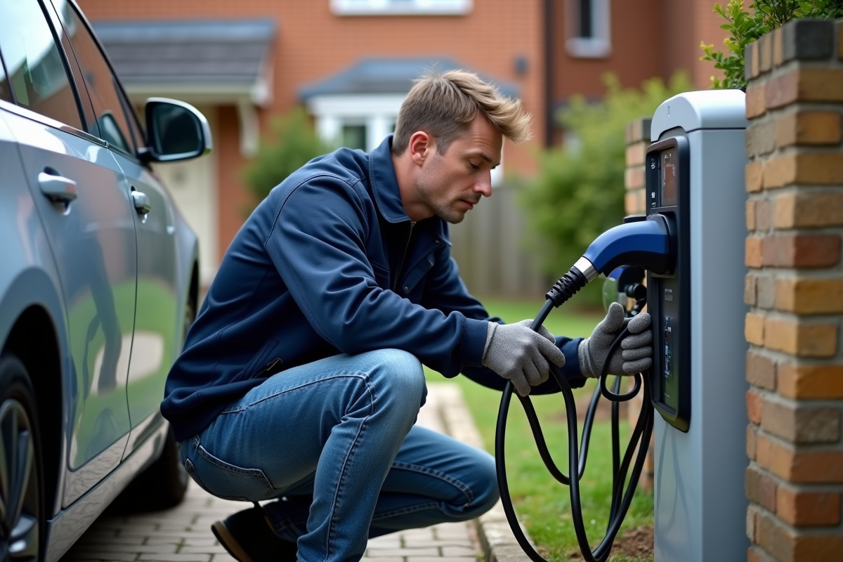 Technicien électrique installant une borne de recharge voiture électrique