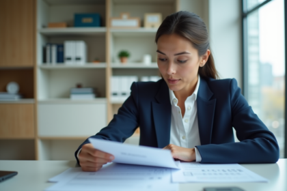 Femme d'affaires en costume bleu examinant documents d'assurance voiture