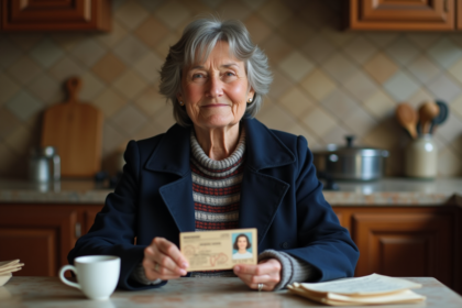 Femme française de 55 ans tenant son permis de conduire ancien