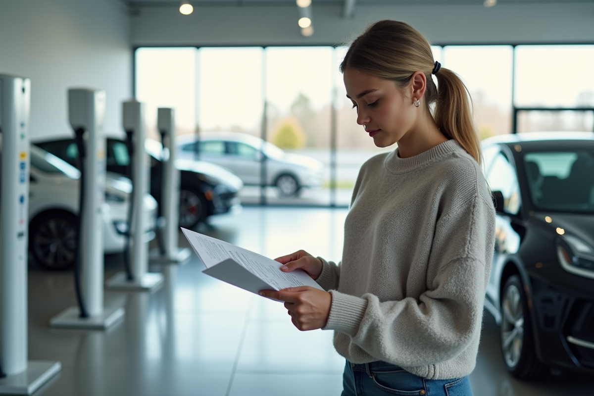 Jeune femme examinant une brochure dans un showroom électrique
