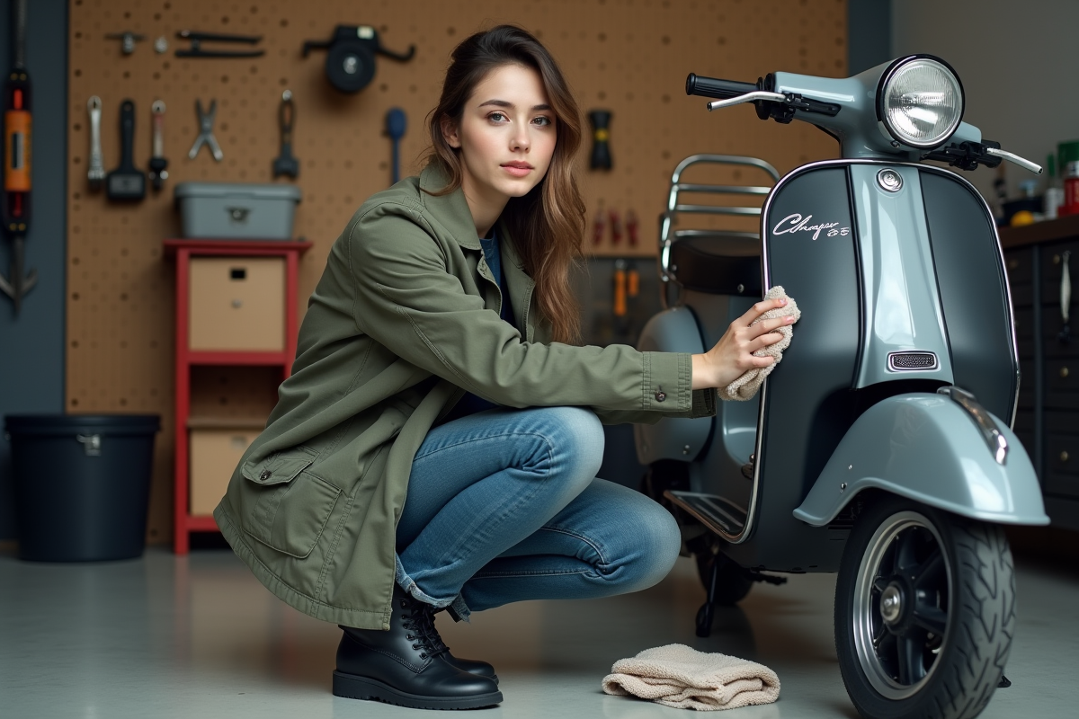 Jeune femme nettoyant l échappement de son scooter dans un garage