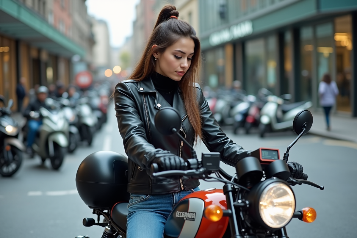 Jeune femme motarde avec cafe racer en ville