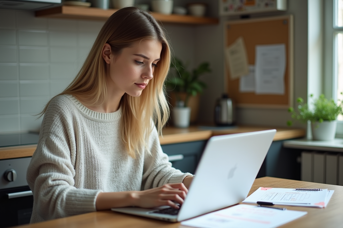 Jeune femme utilisant un ordinateur et une fiche catégorie C à la maison