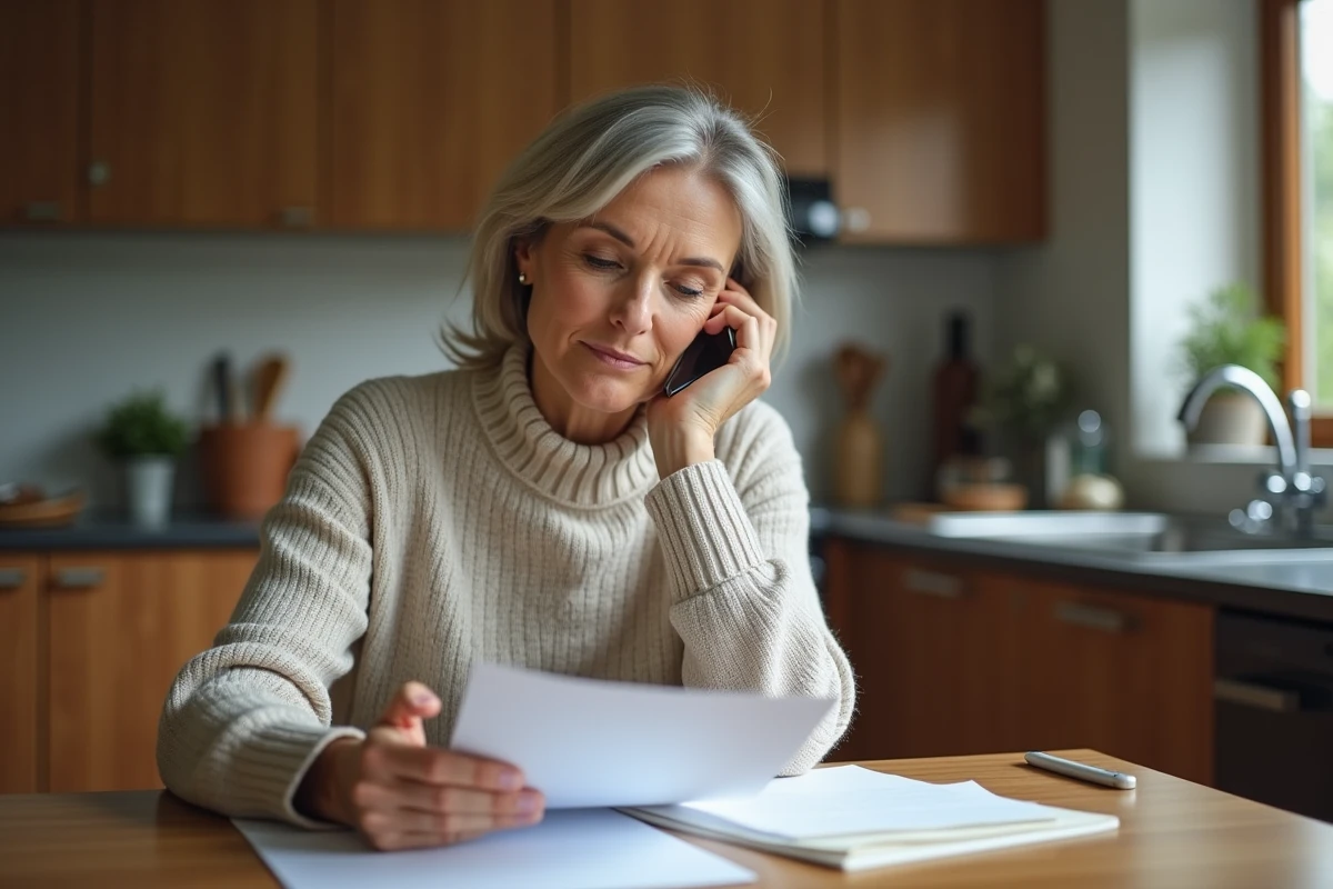 Femme réfléchissant à ses papiers dans la cuisine