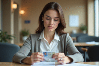 Femme examinant son permis de conduire français dans un bureau