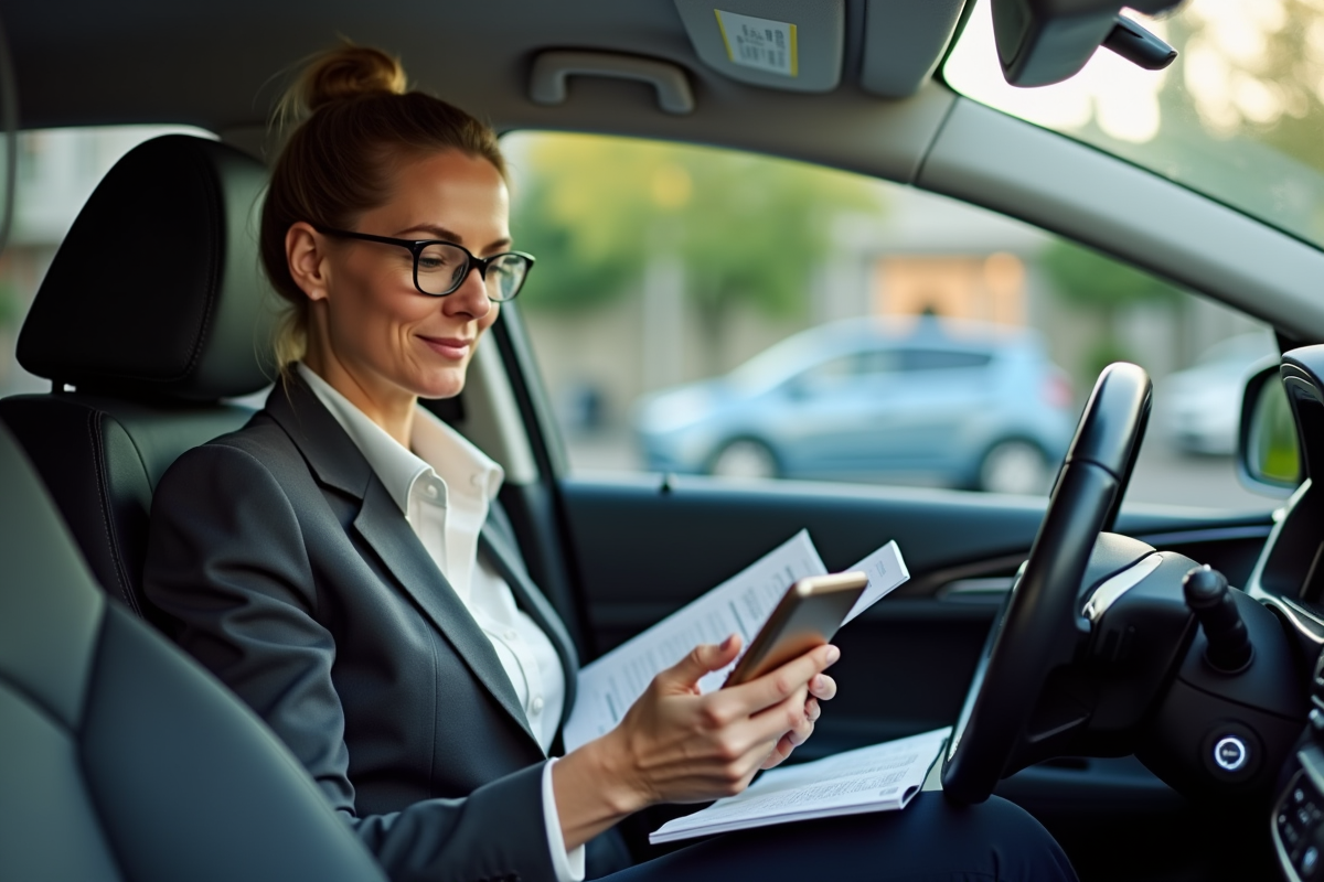 Femme pratique examen taxi dans sa voiture