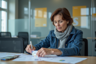 Femme d'âge moyen vérifiant son permis de conduire à un bureau français