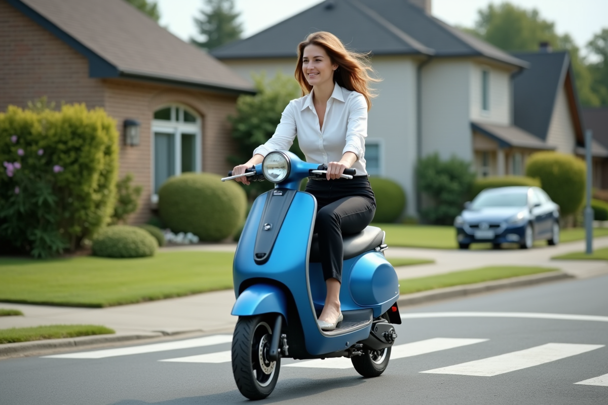 Femme en blouse roulant en scooter électrique dans quartier