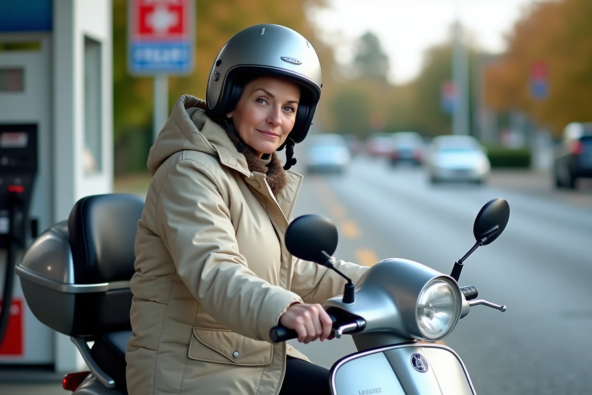 Femme en parka et casque faisant le plein de son scooter