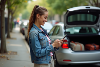 Jeune femme souriante vérifiant son smartphone à côté d'une voiture
