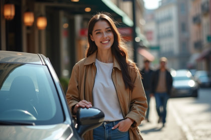 Femme souriante appuyée contre une voiture en ville