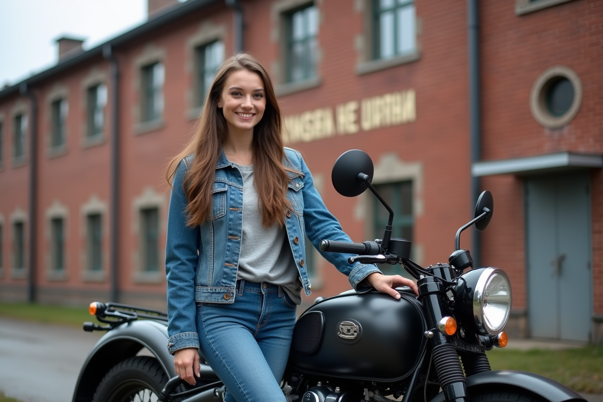 Jeune femme fiere avec moto ural devant usine russe