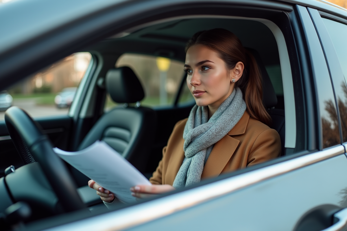Jeune femme dans une voiture de luxe avec rapport consommation