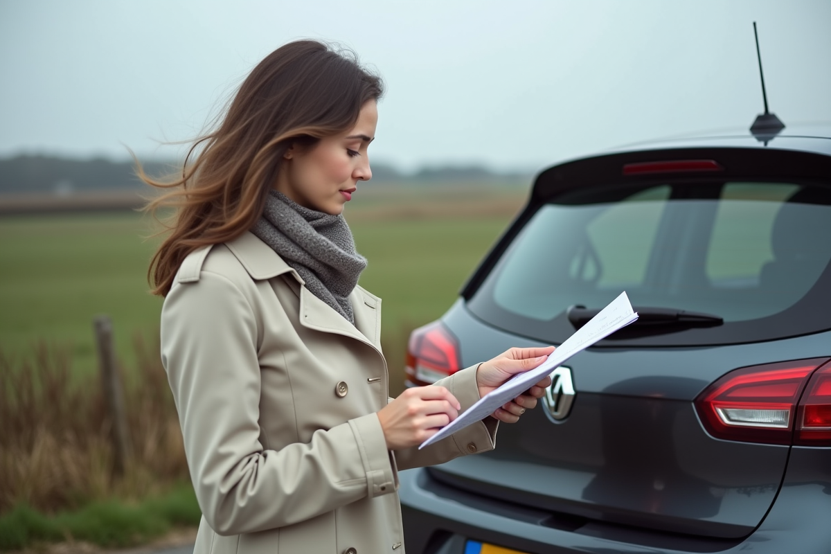 Jeune femme vérifiant l’éclairage de sa voiture en campagne