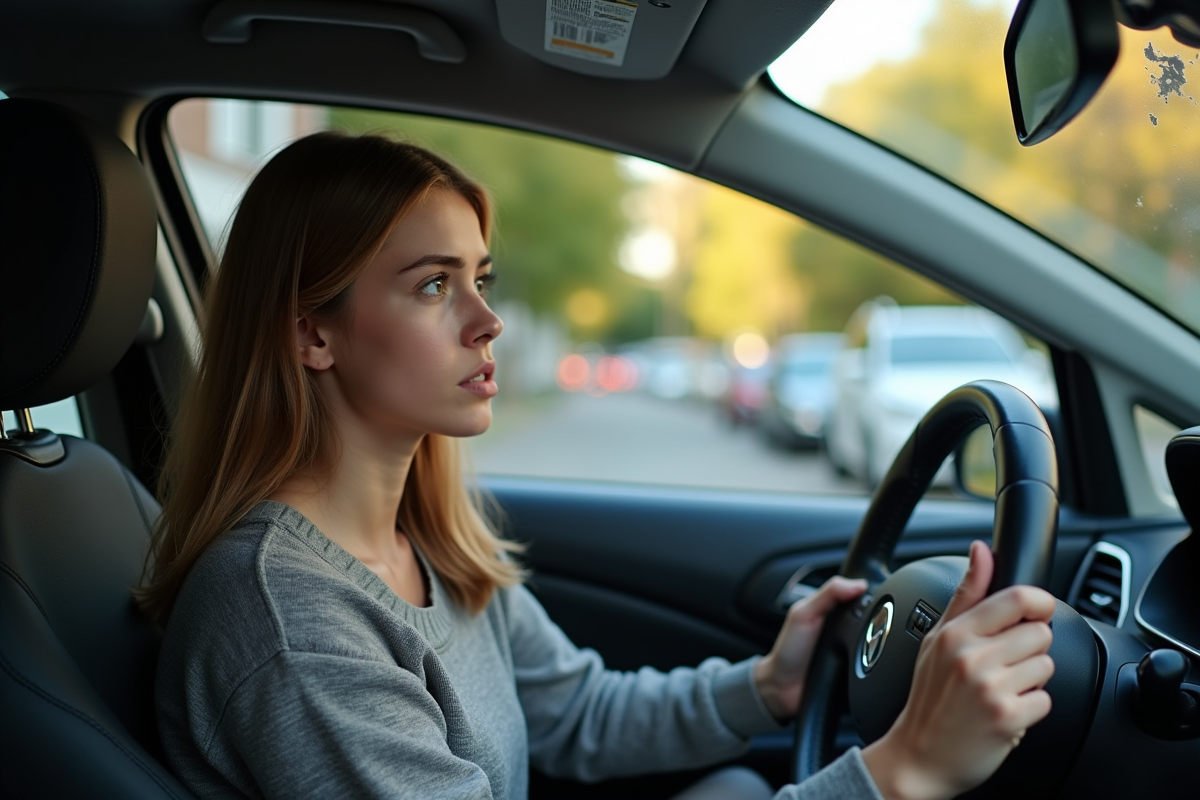 Jeune femme examinant une petite fissure sur la vitre de sa voiture