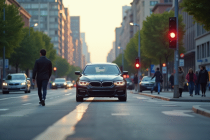 Voiture à un feu rouge dans une intersection urbaine en journée