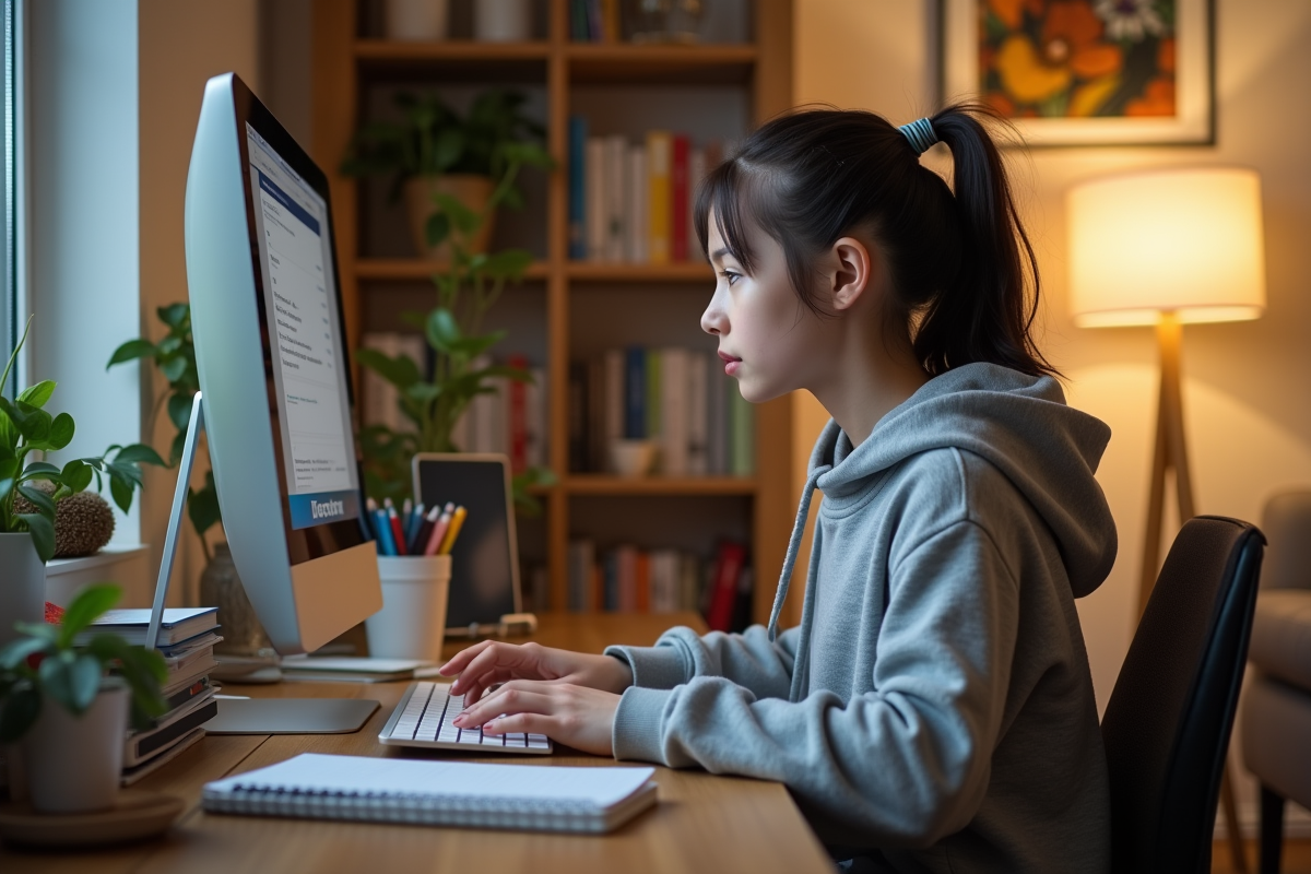Fille concentrée sur un test en ligne à son bureau
