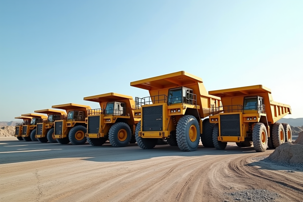 Plusieurs camions-bennes de différentes largeurs alignés dans un chantier