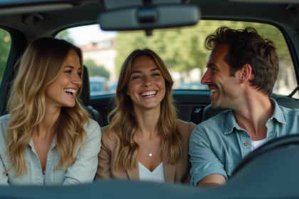 Trois adultes riant dans une voiture en ville