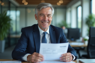 Homme d'affaires souriant avec documents d'assurance voiture