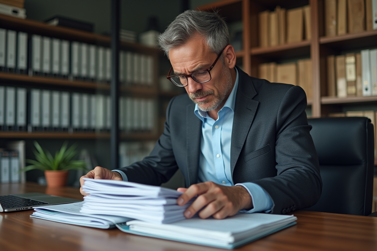 Homme d'affaires examinant des documents catégorie C dans un bureau