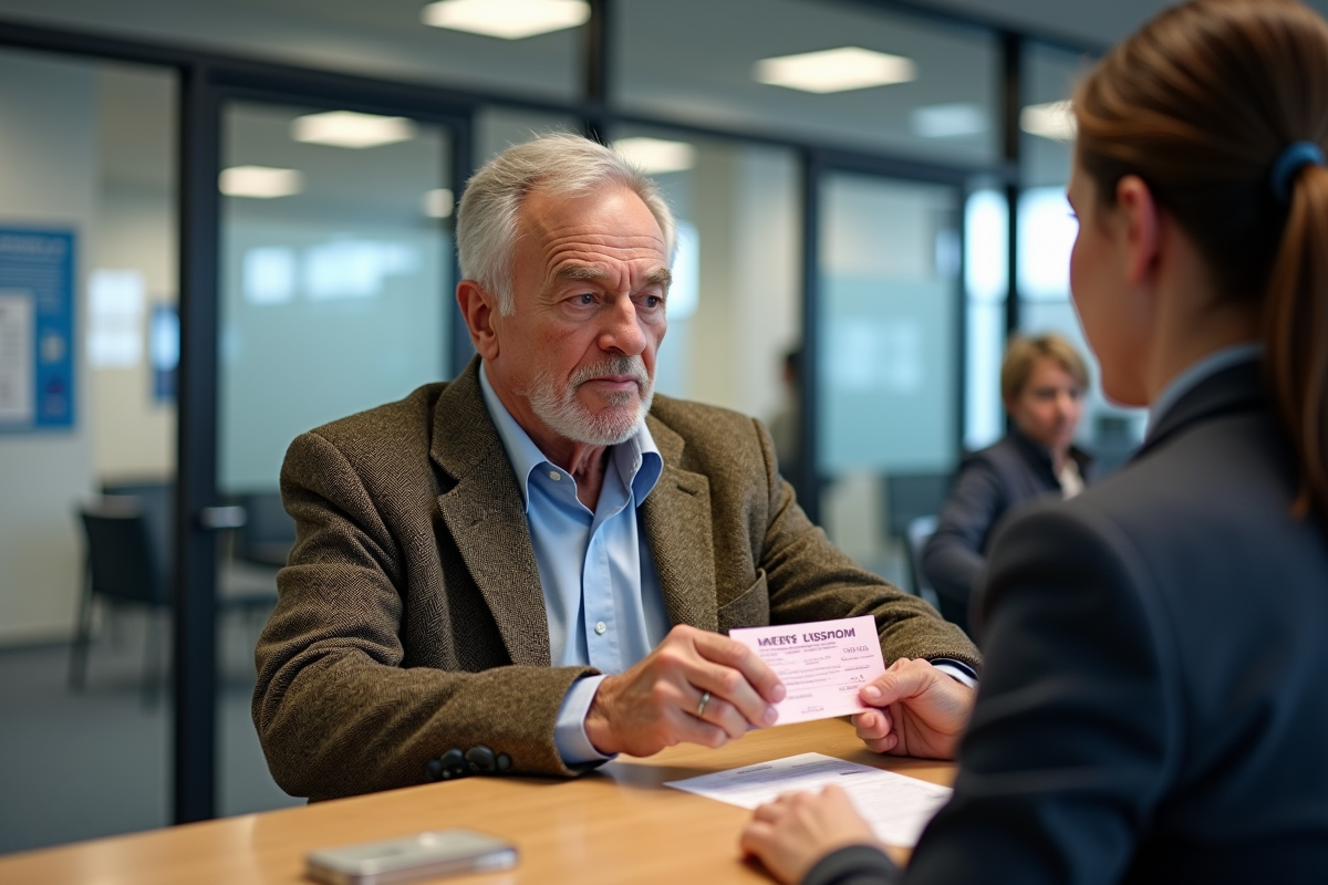 Homme âgé présentant son permis de conduire à la préfecture