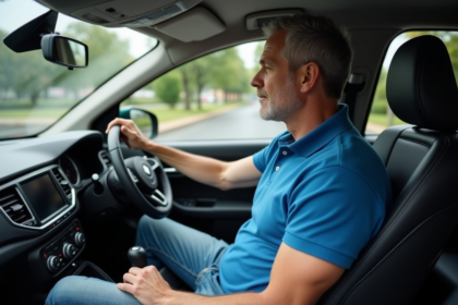 Homme conducteur détendu dans une voiture moderne