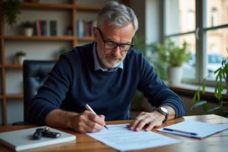 Homme français remplit déclaration de vente voiture à domicile