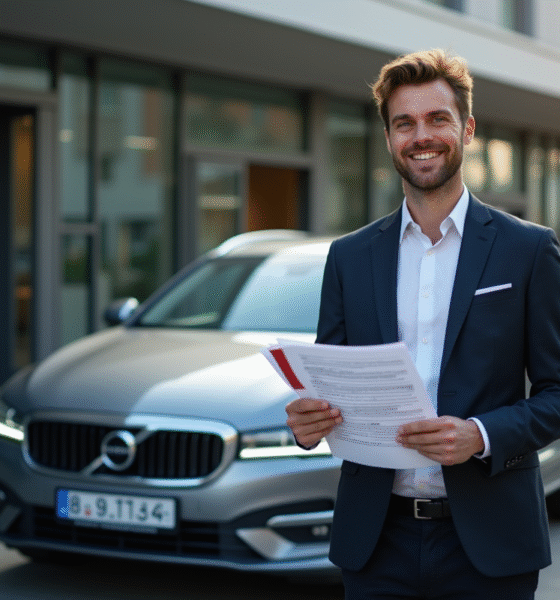 Homme français tenant documents de voiture allemande devant une voiture brillante