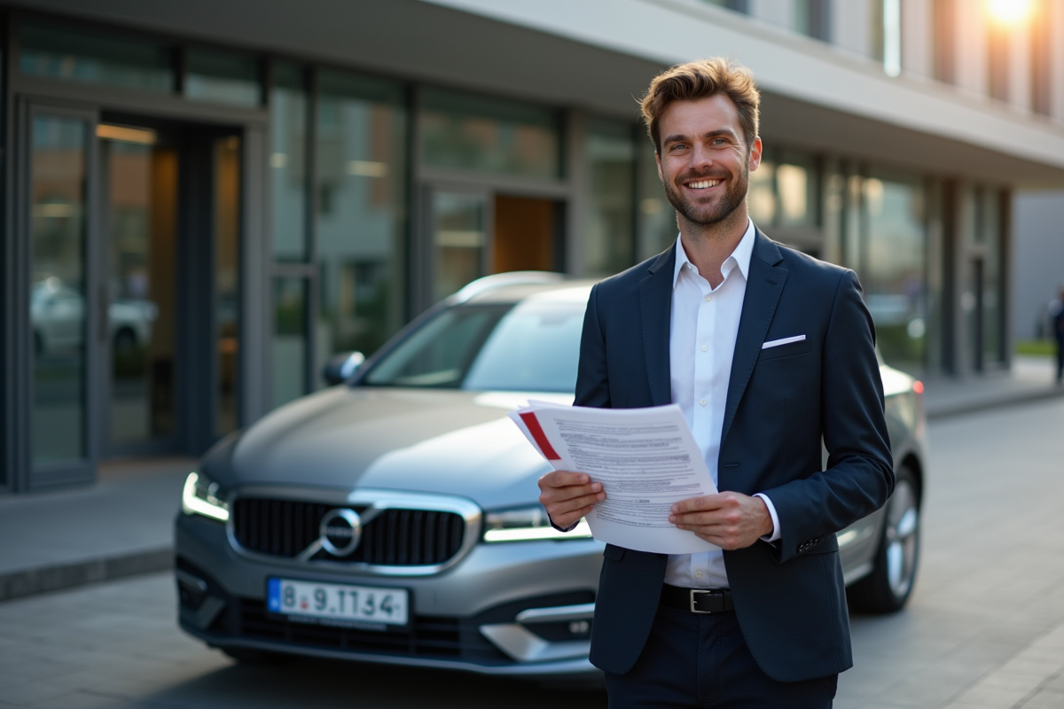 Homme français tenant documents de voiture allemande devant une voiture brillante