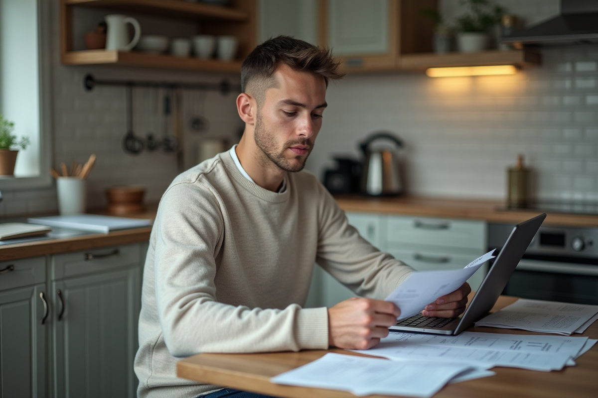 Jeune homme lisant des papiers dans une cuisine moderne