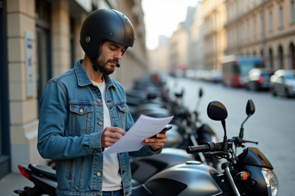 Homme en denim vérifiant ses documents d'assurance moto