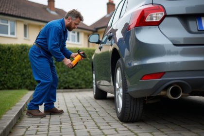 Homme en bleu nettoyant un échappement de voiture