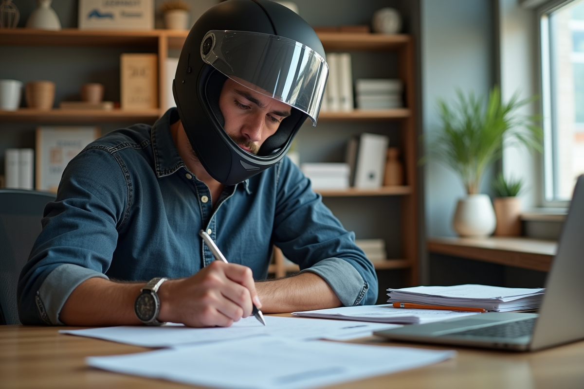 Homme en train de remplir papiers de permis moto en bureau