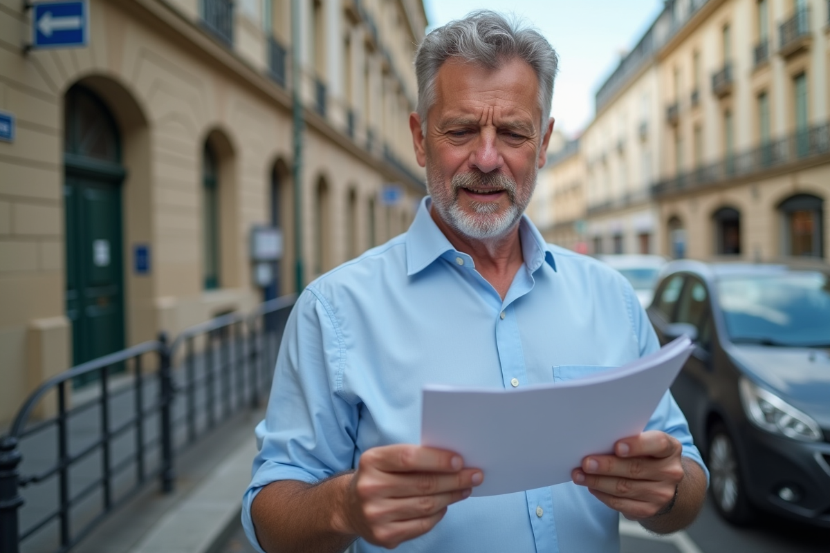 Homme vérifiant un duplicata de carte grise devant la préfecture