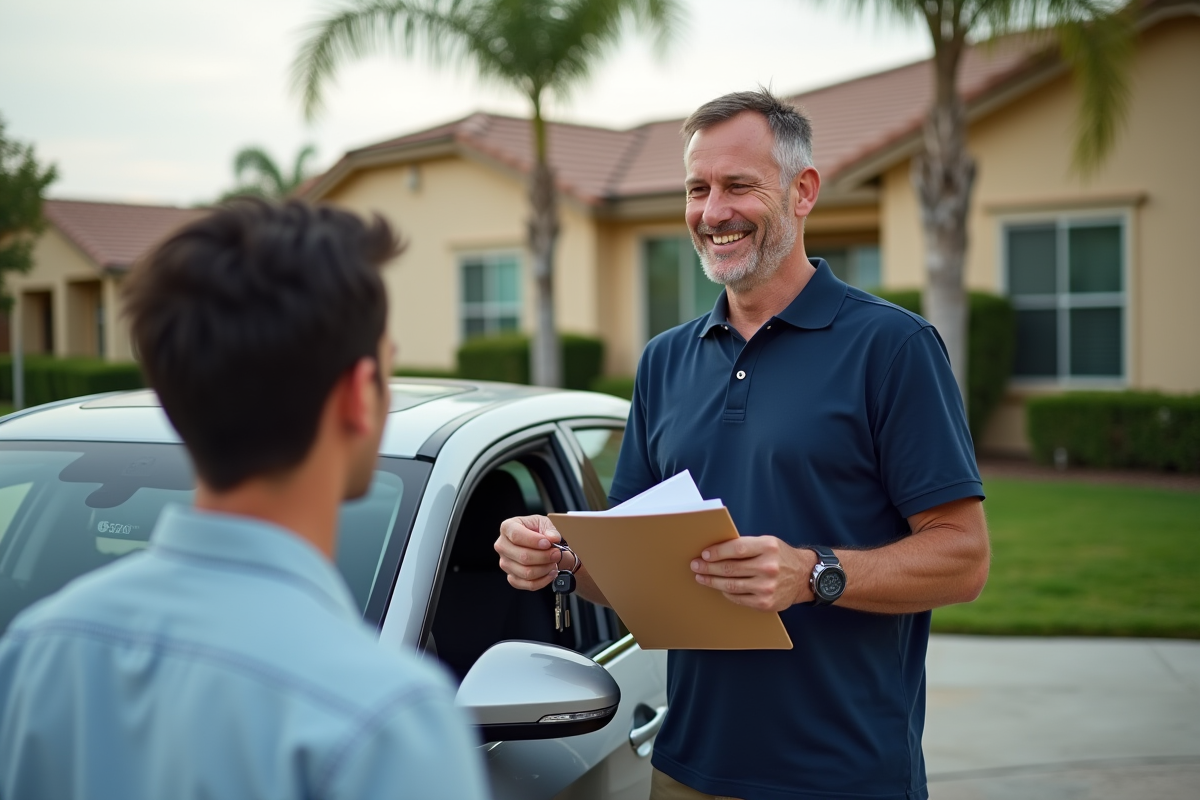 Homme remettant les clés de voiture à un jeune adulte