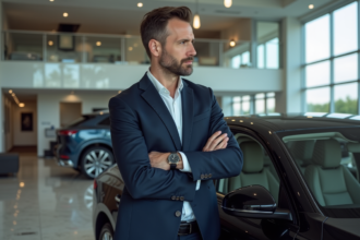 Homme en costume bleu élégant devant une voiture de luxe