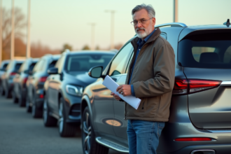 Homme d'âge moyen près d'un SUV moderne en concession