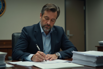 Homme en veste navy travaillant à un bureau administratif