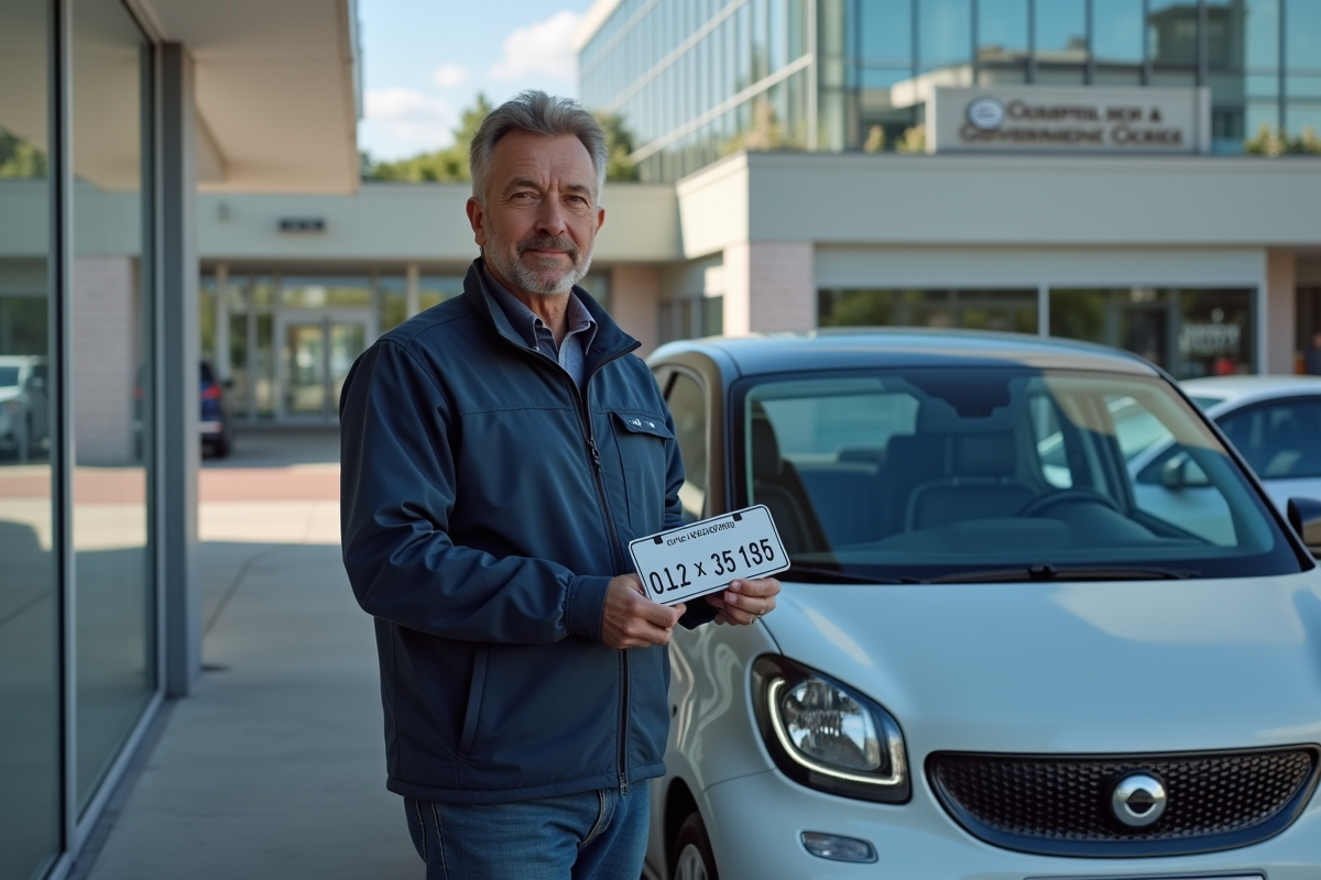 Homme d'âge moyen tenant ses anciennes et nouvelles plaques d'immatriculation