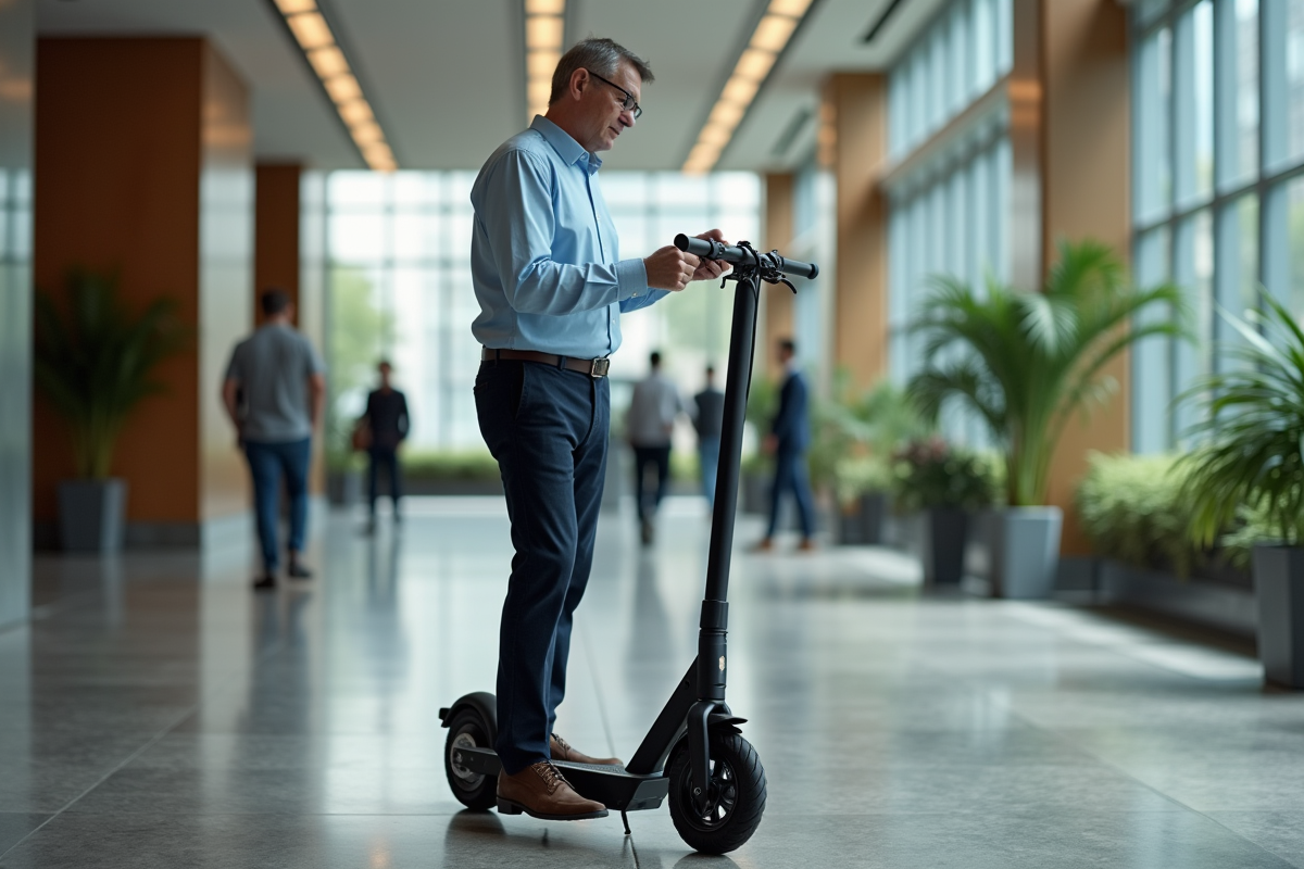 Homme d affaires examinant son scooter électrique au bureau