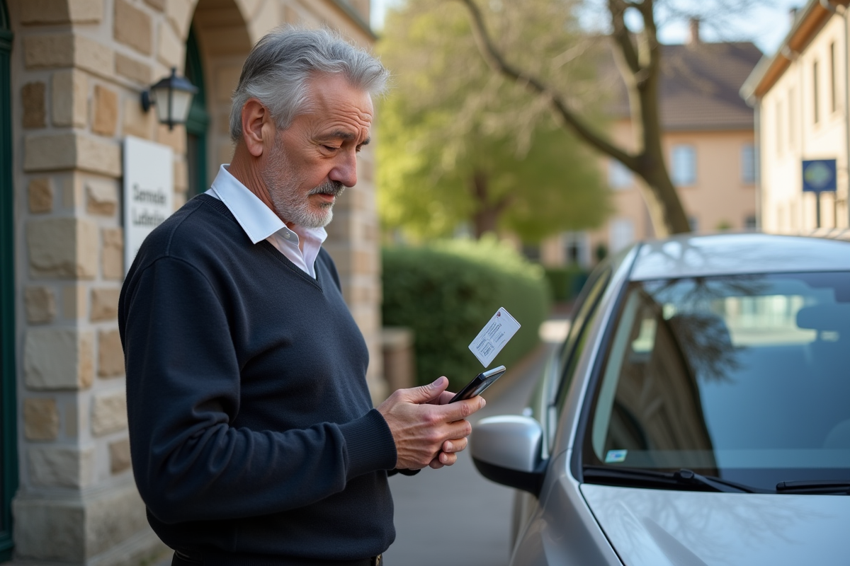 Homme vérifiant son permis de conduire devant sa voiture à la mairie