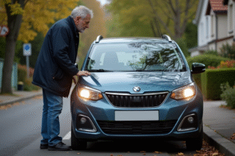 Homme français inspectant sa voiture compacte dans la rue